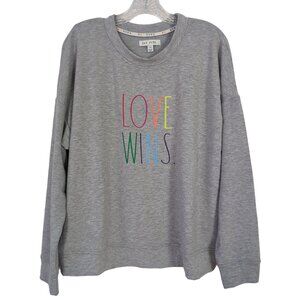 Rae Dunn women's size L gray sweatshirt colorful words‎ LOVE WINS Crew Neck